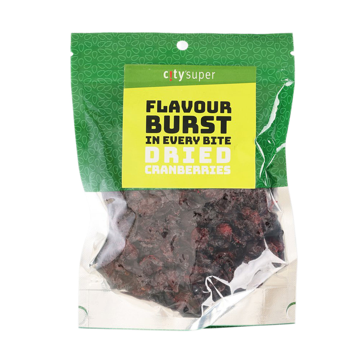 Dried cranberries in resealable pouch with green label; dark red berries inside.
