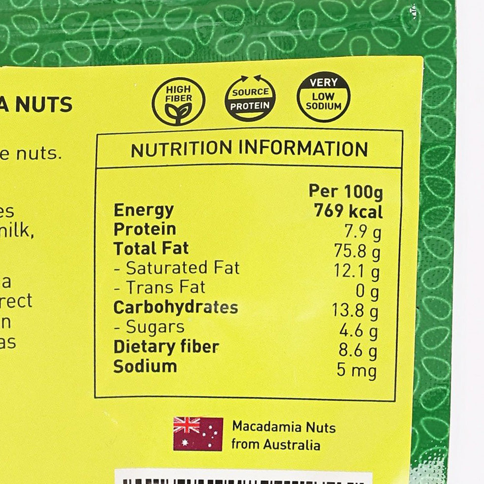 CITYSUPER raw macadamia nuts pouch, close-up nutrition information panel