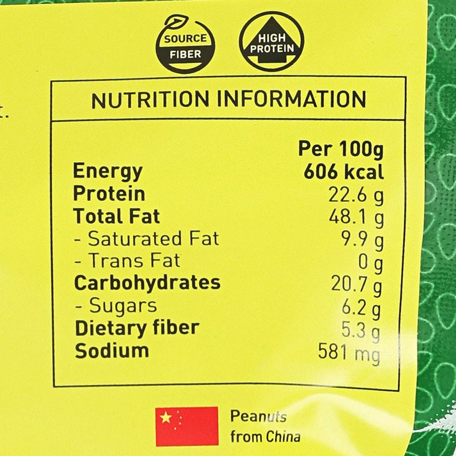 Nutrition facts panel on roasted salted peanuts pouch, yellow background with text and icons