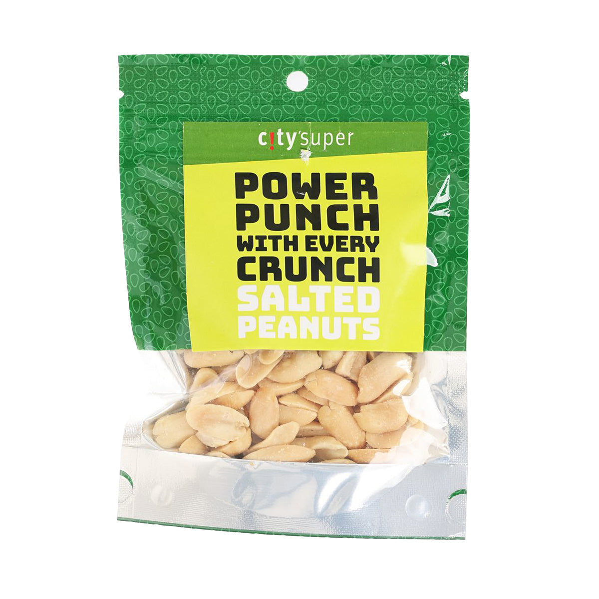 Roasted salted peanuts in clear bag with green label and visible peanut pieces