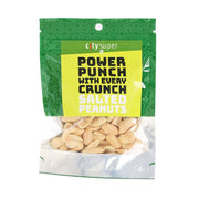 Roasted salted peanuts in clear bag with green label and visible peanut pieces
