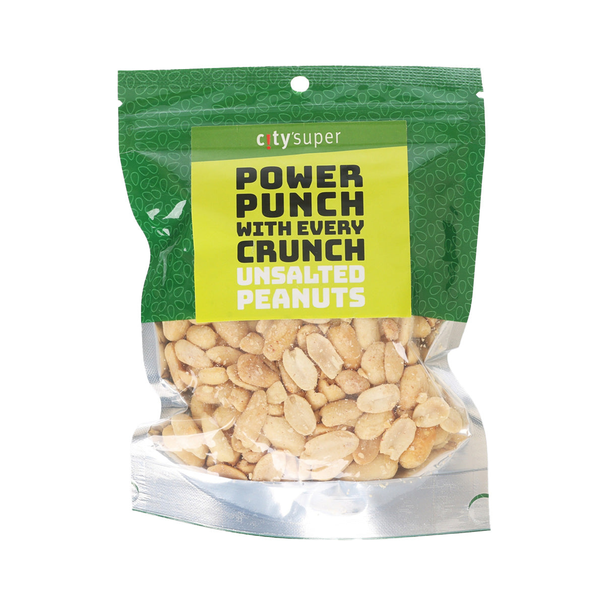 CITYSUPER unsalted peanut snack in green pouch, whole peanuts visible