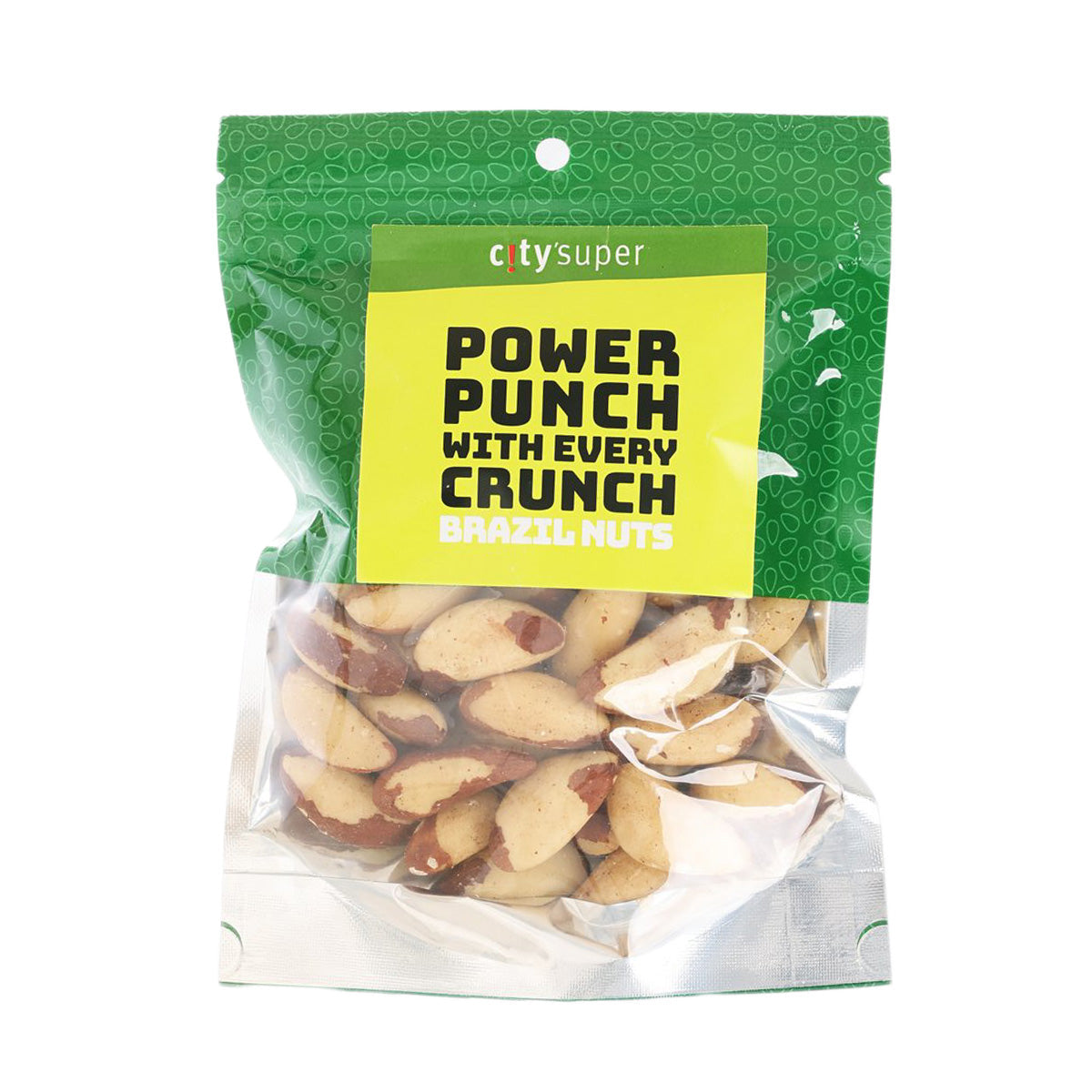 Green sealed pouch of whole Brazil nuts with yellow front label