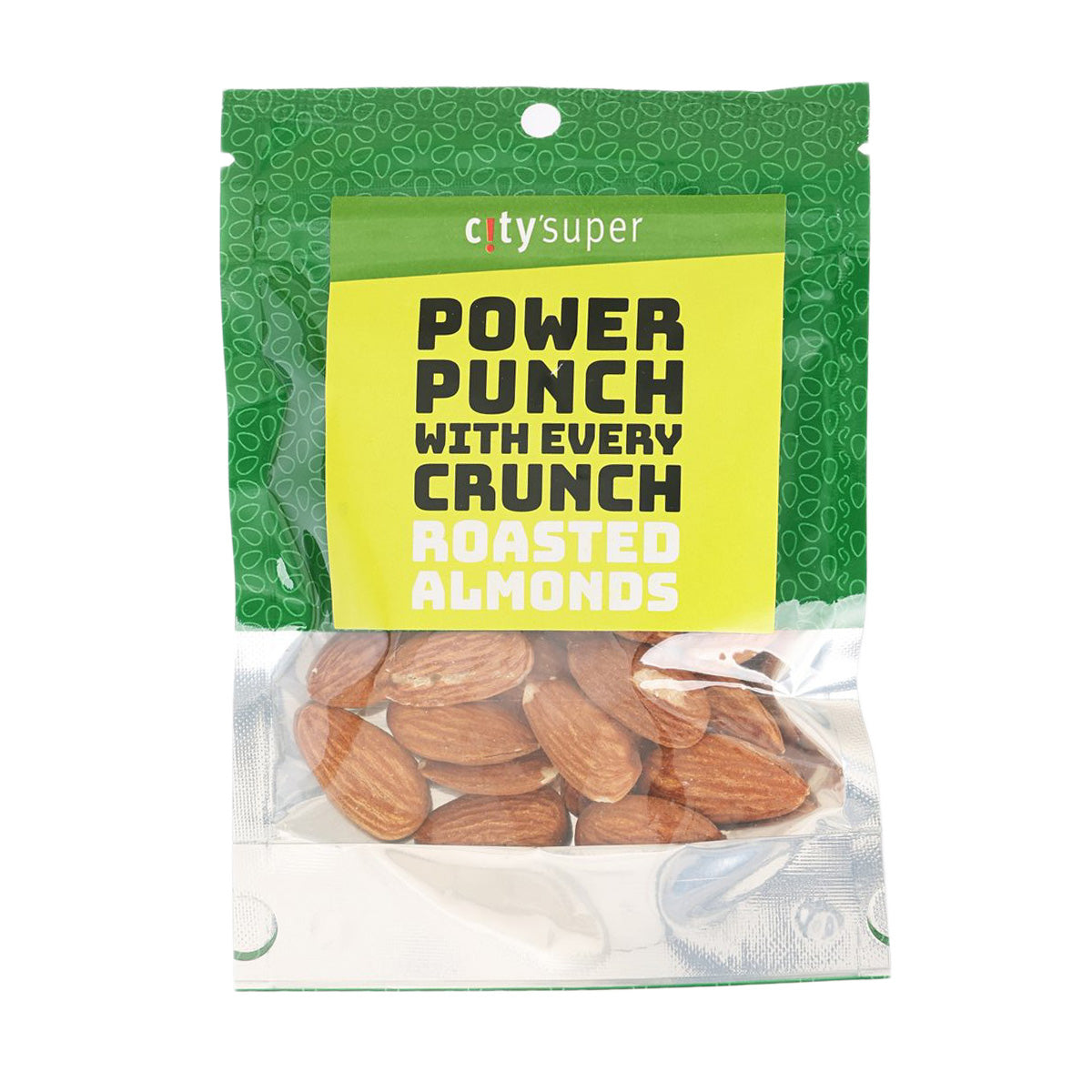 Roasted almonds snack pouch with green and yellow CITYSUPER label
