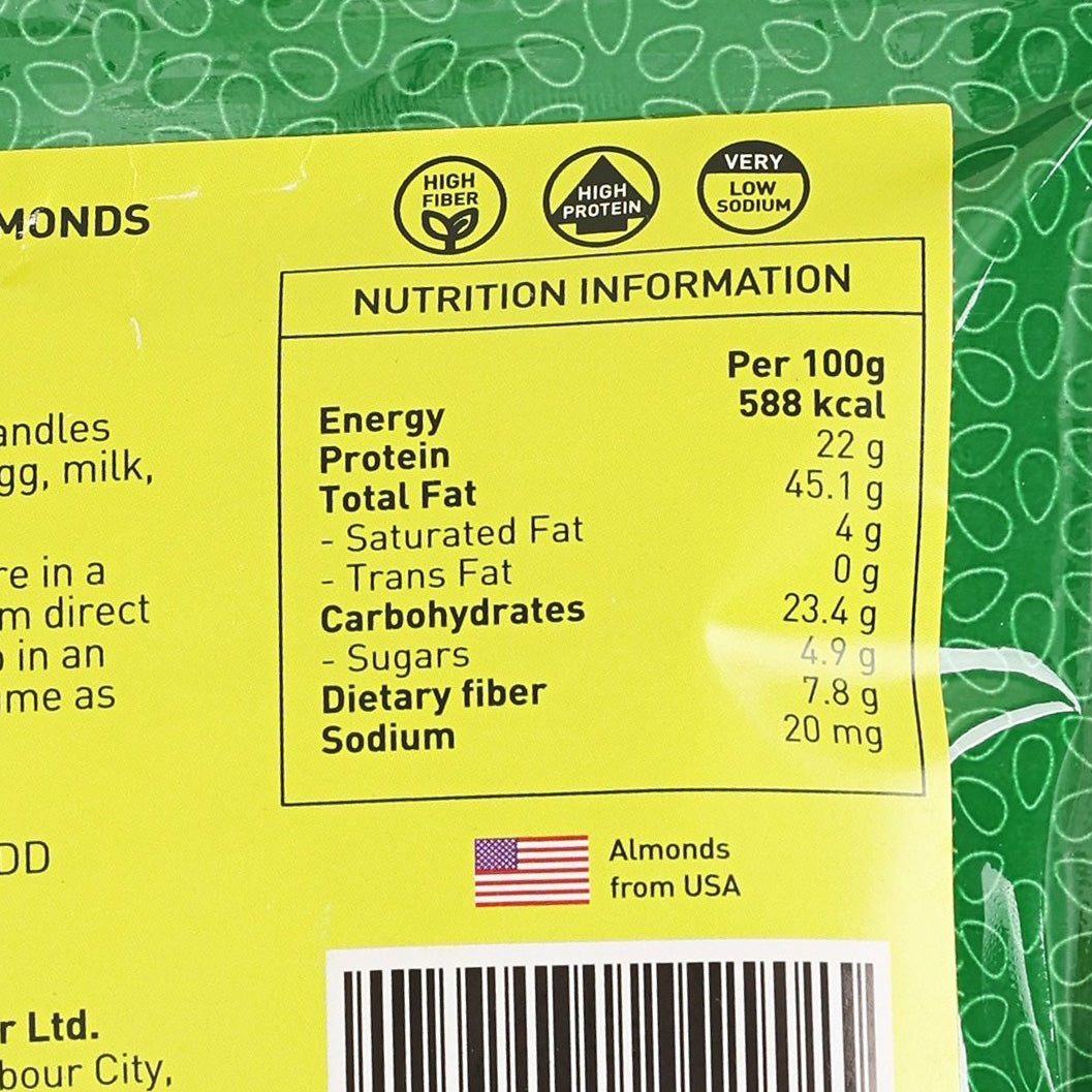 CITYSUPER roasted almonds nutrition information panel with per 100g details