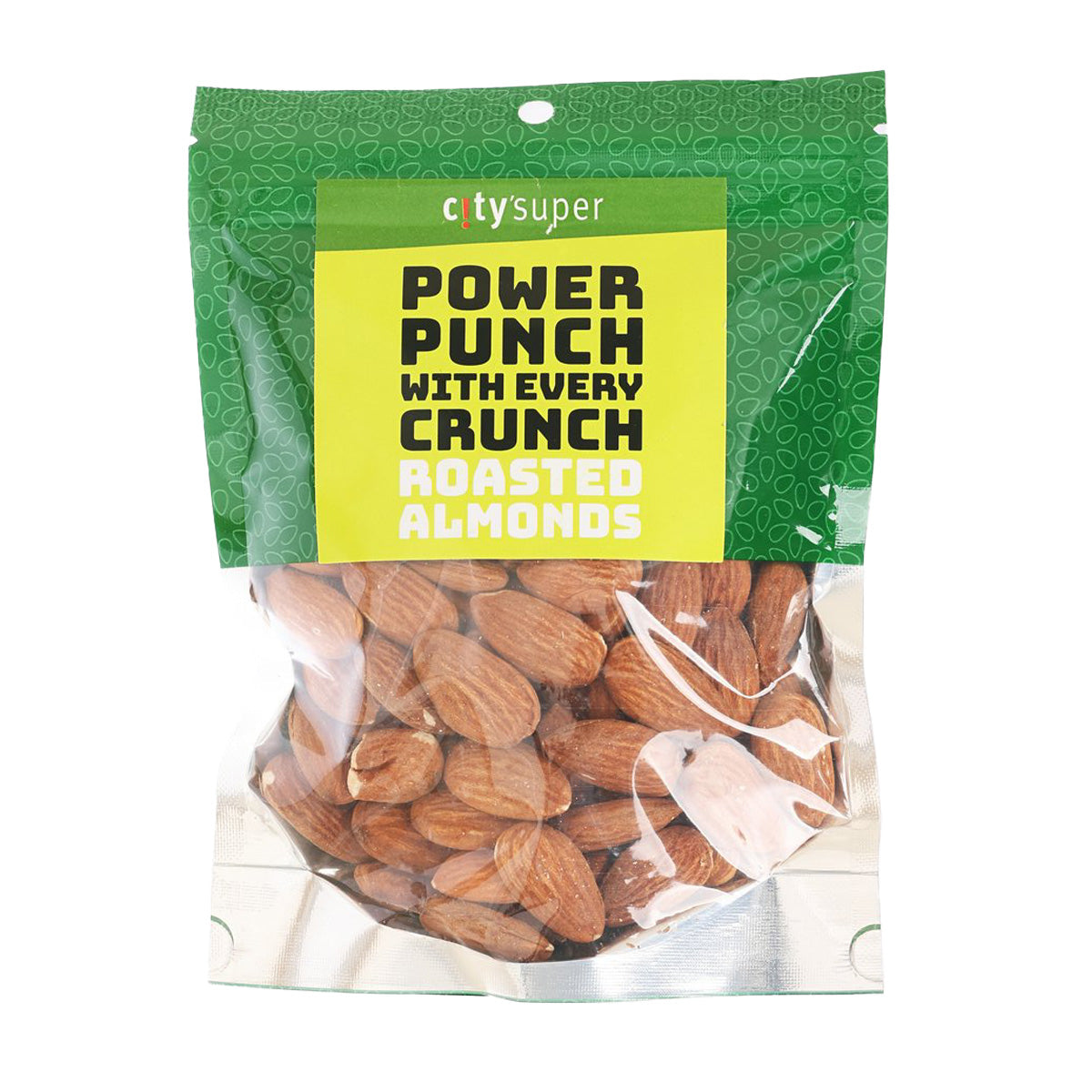 CITYSUPER roasted almonds bag, green patterned pouch with whole roasted almonds visible
