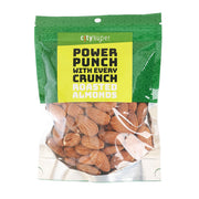 CITYSUPER roasted almonds bag, green patterned pouch with whole roasted almonds visible