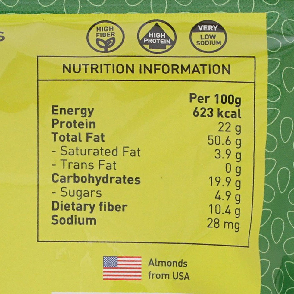 Nutrition label for blanched almonds: per 100g 623 kcal, 22g protein