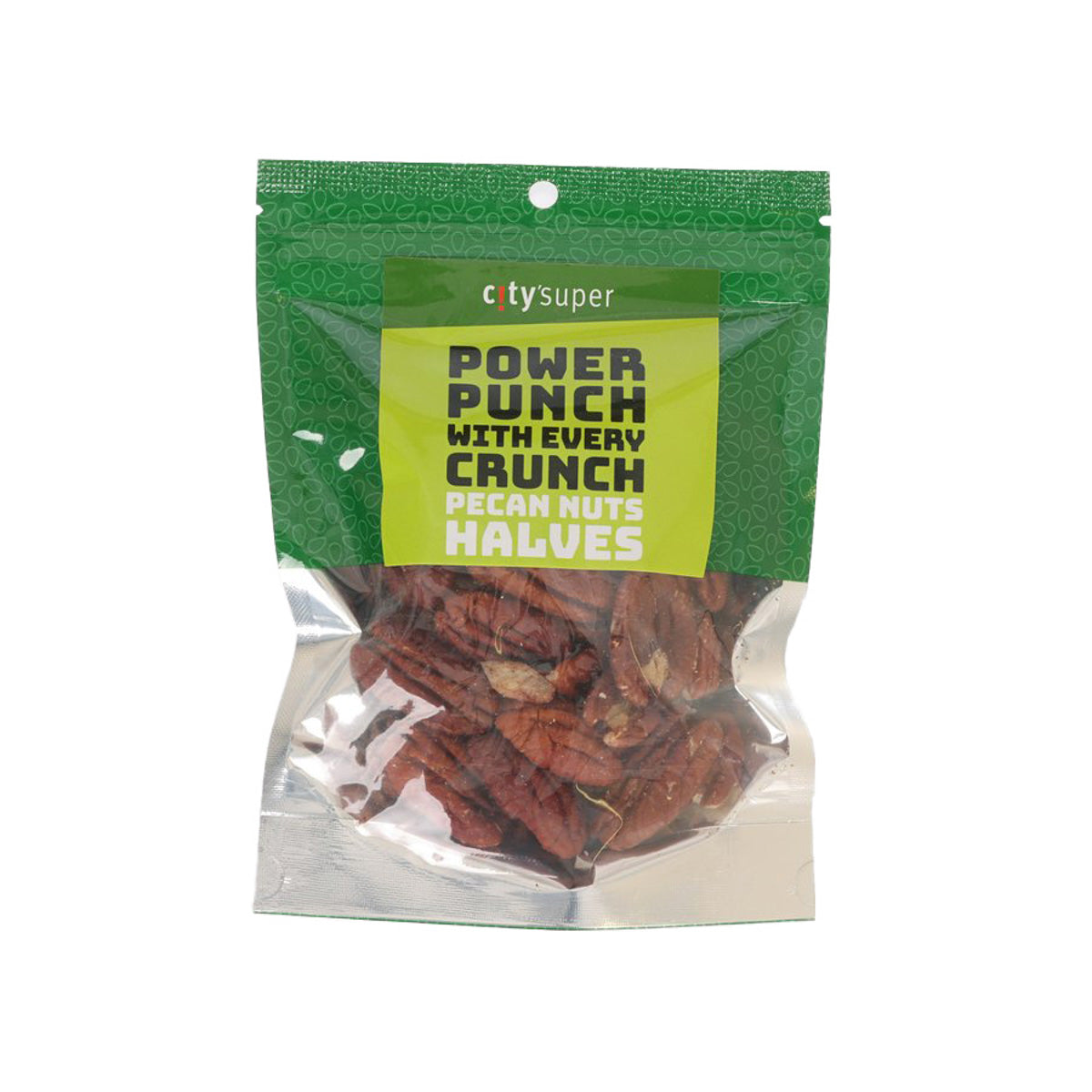 Pecan nut halves in green stand-up pouch, 80 g, nuts visible through clear front