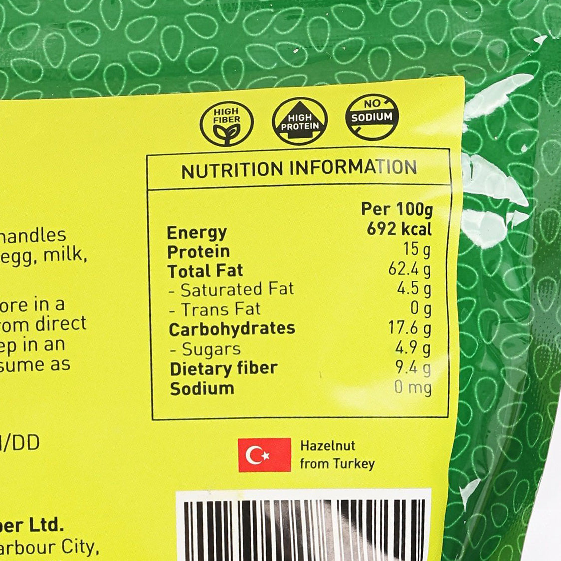 Nutrition facts label on hazelnuts pouch, yellow panel with ingredient details