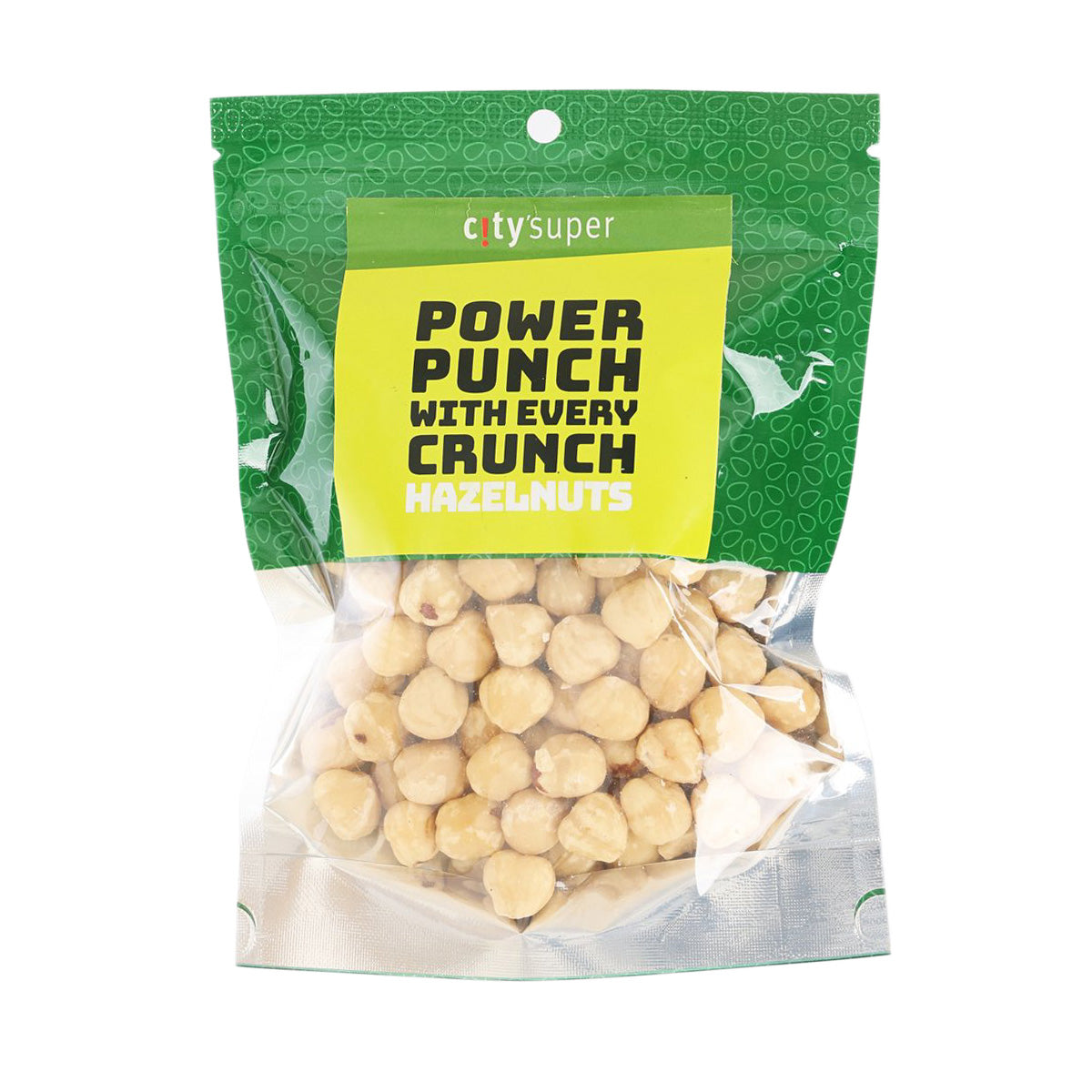 Hazelnuts snack bag with green patterned pouch, yellow label, and clear window of nuts