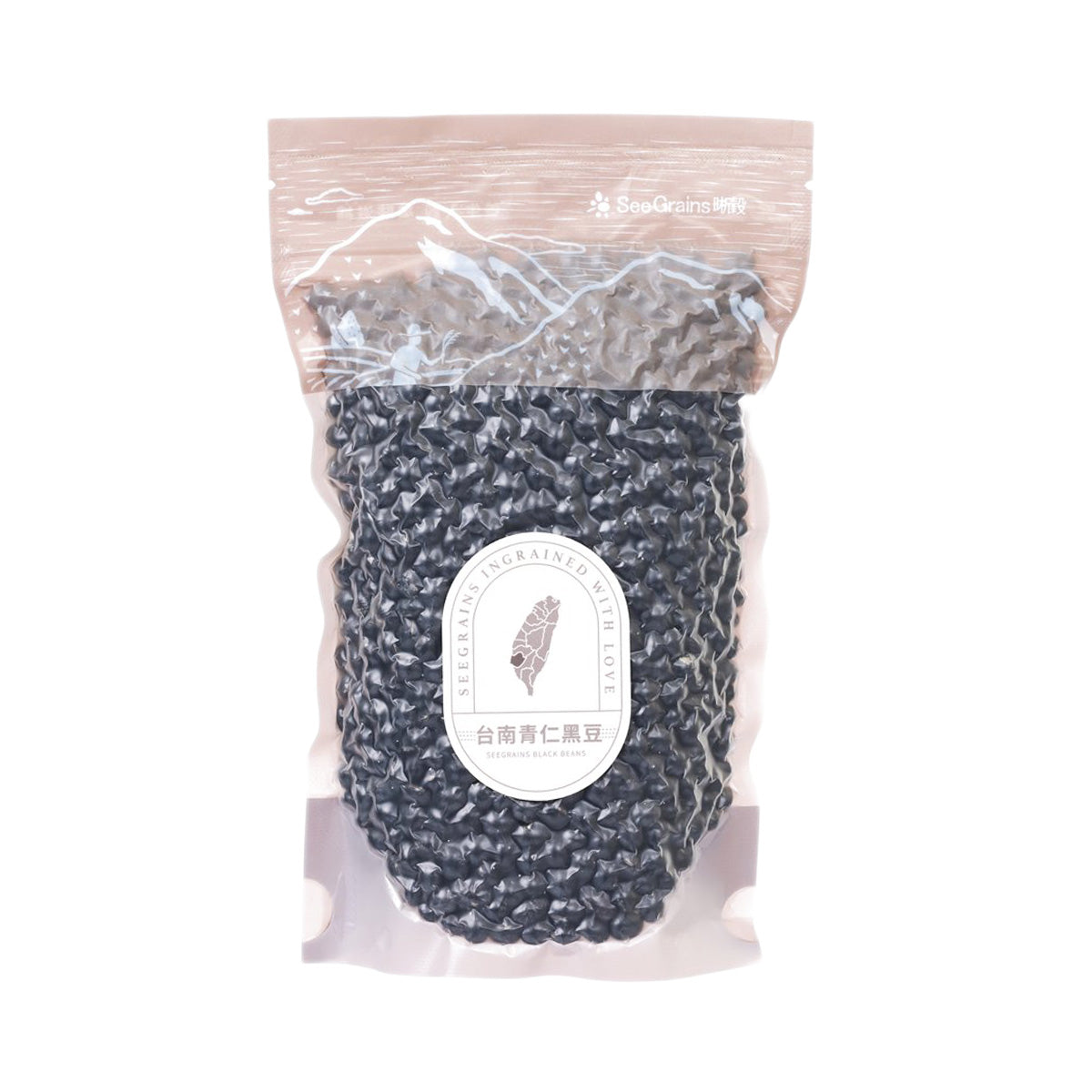Black beans in clear plastic pouch with paper label