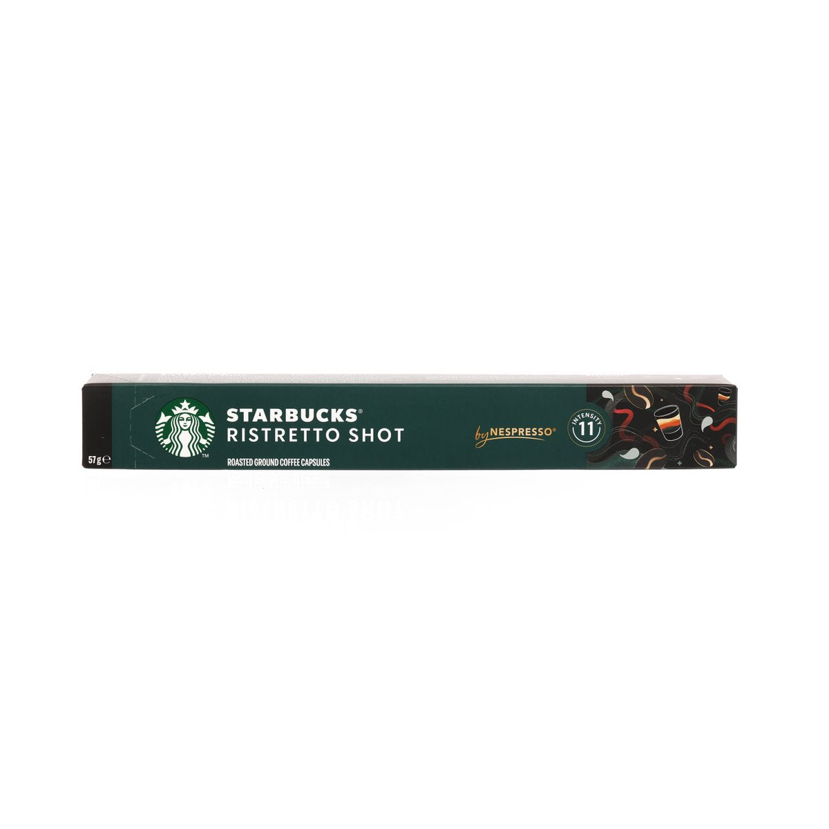 STARBUCKS Ristretto Shot coffee capsules box by Nespresso, dark green and black front