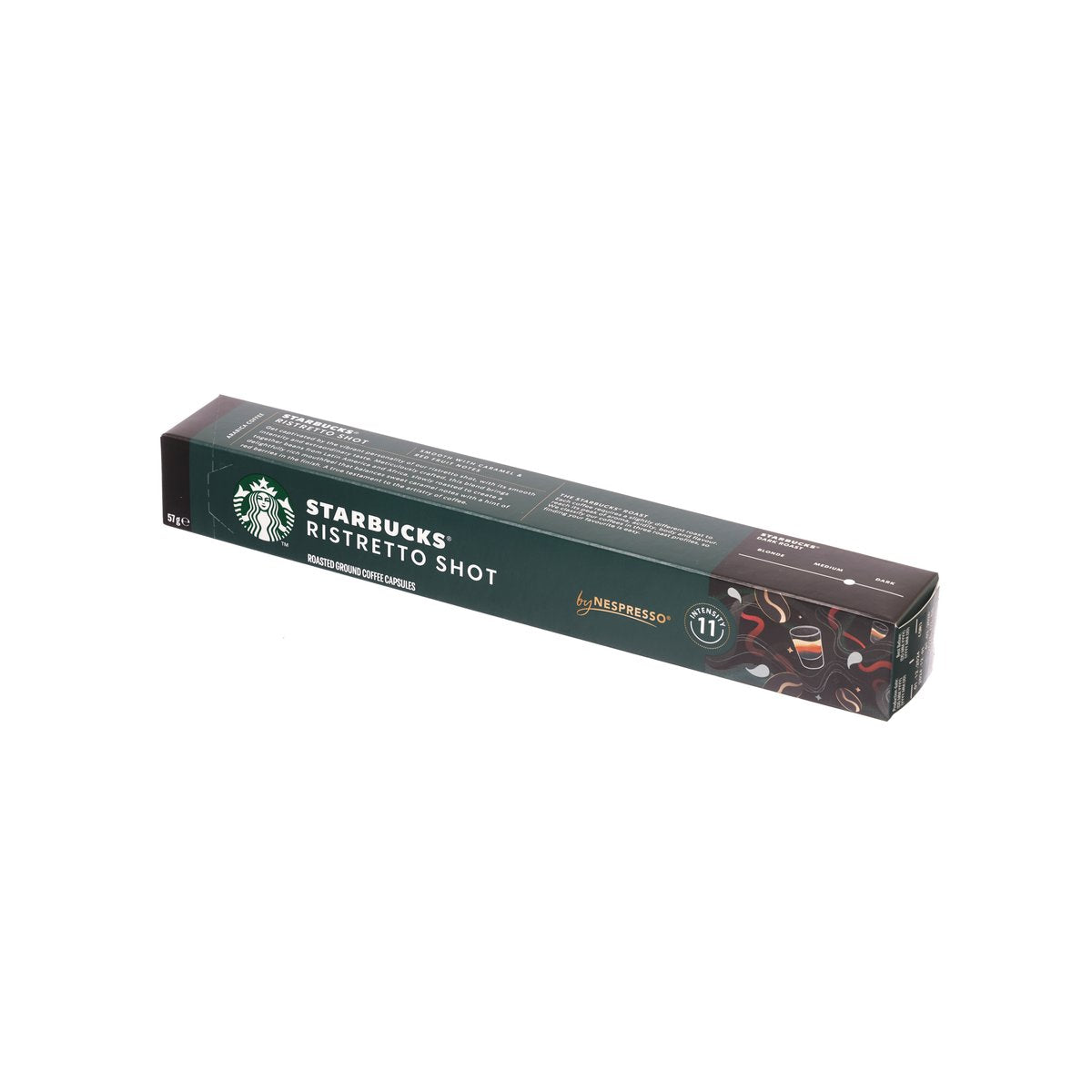 STARBUCKS Ristretto Shot coffee capsules box by Nespresso, side view in dark green