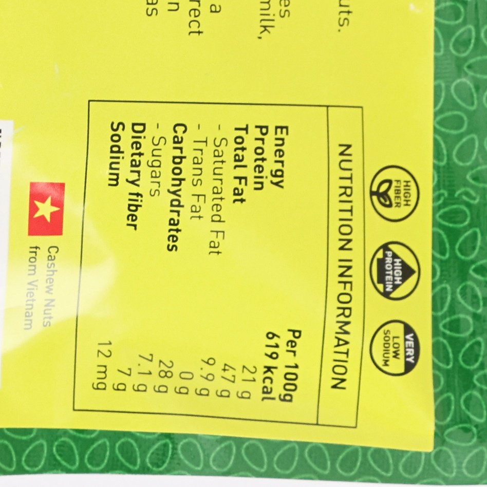 Cashew nuts nutrition information panel, energy 619 kcal per 100g
