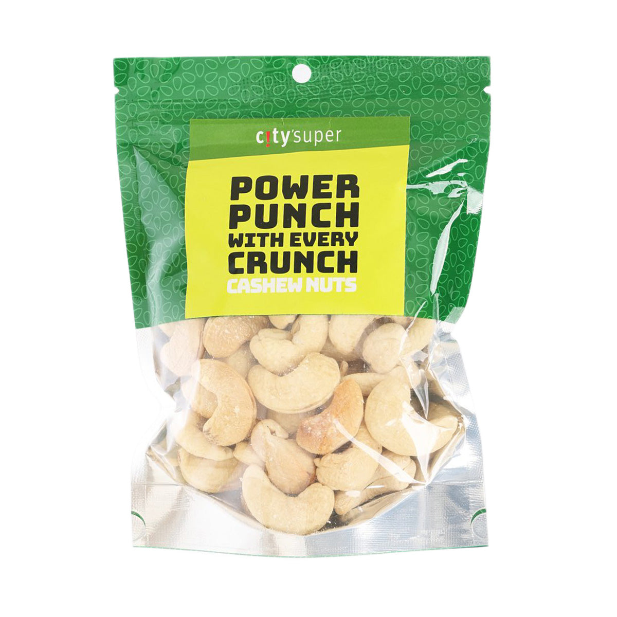 Green pouch of roasted cashew nuts, 125 g, with yellow front label