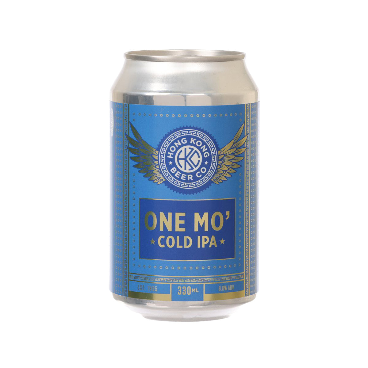 IPA beer can, blue and gold front label with “One Mo’ Cold”, 330 mL