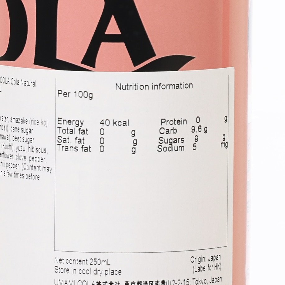 Nutrition information panel on UMAMI COLA natural energy drink can, 250 mL