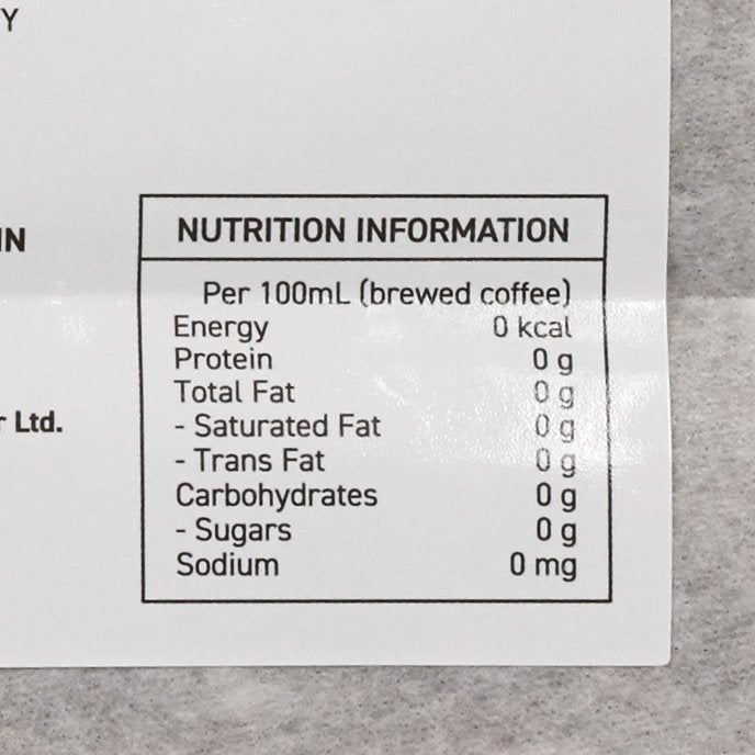 Nutrition facts label for brewed coffee on coffee bean pouch