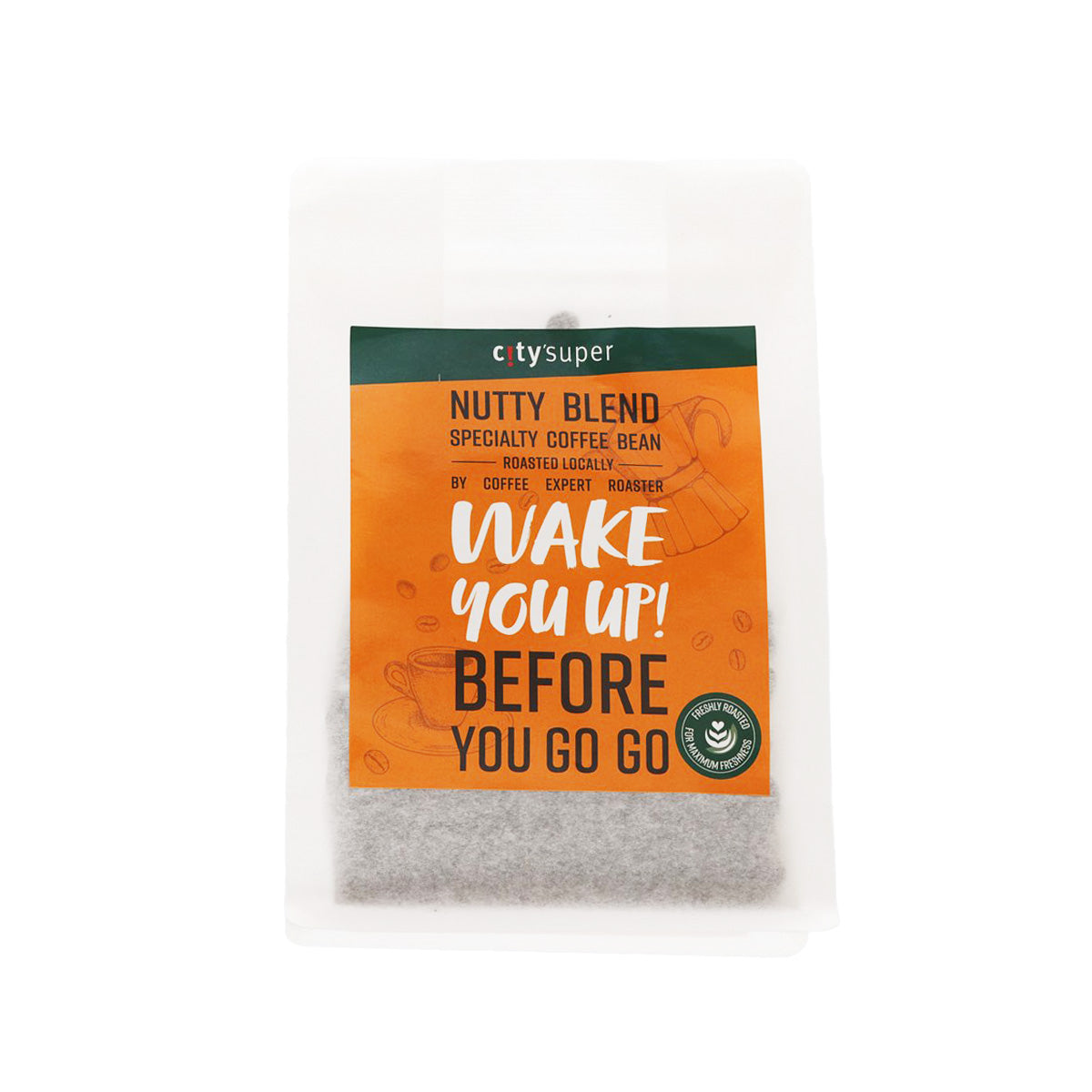Coffee bean pouch with orange green label, whole roasted beans inside