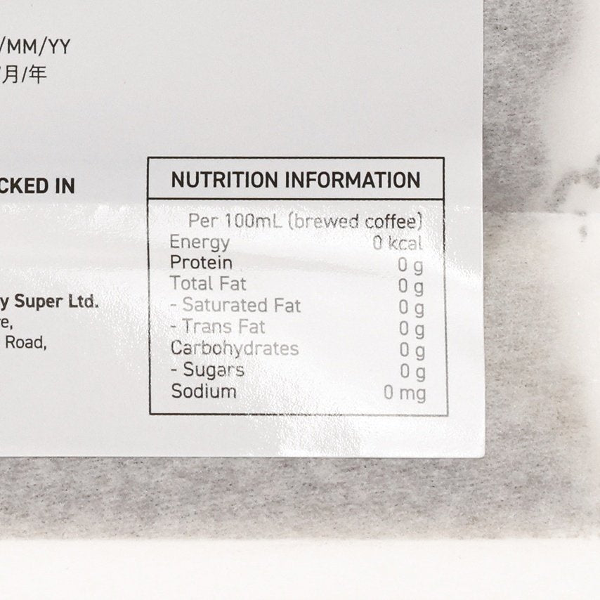 Coffee bag nutrition information panel showing per 100 ml brewed coffee values