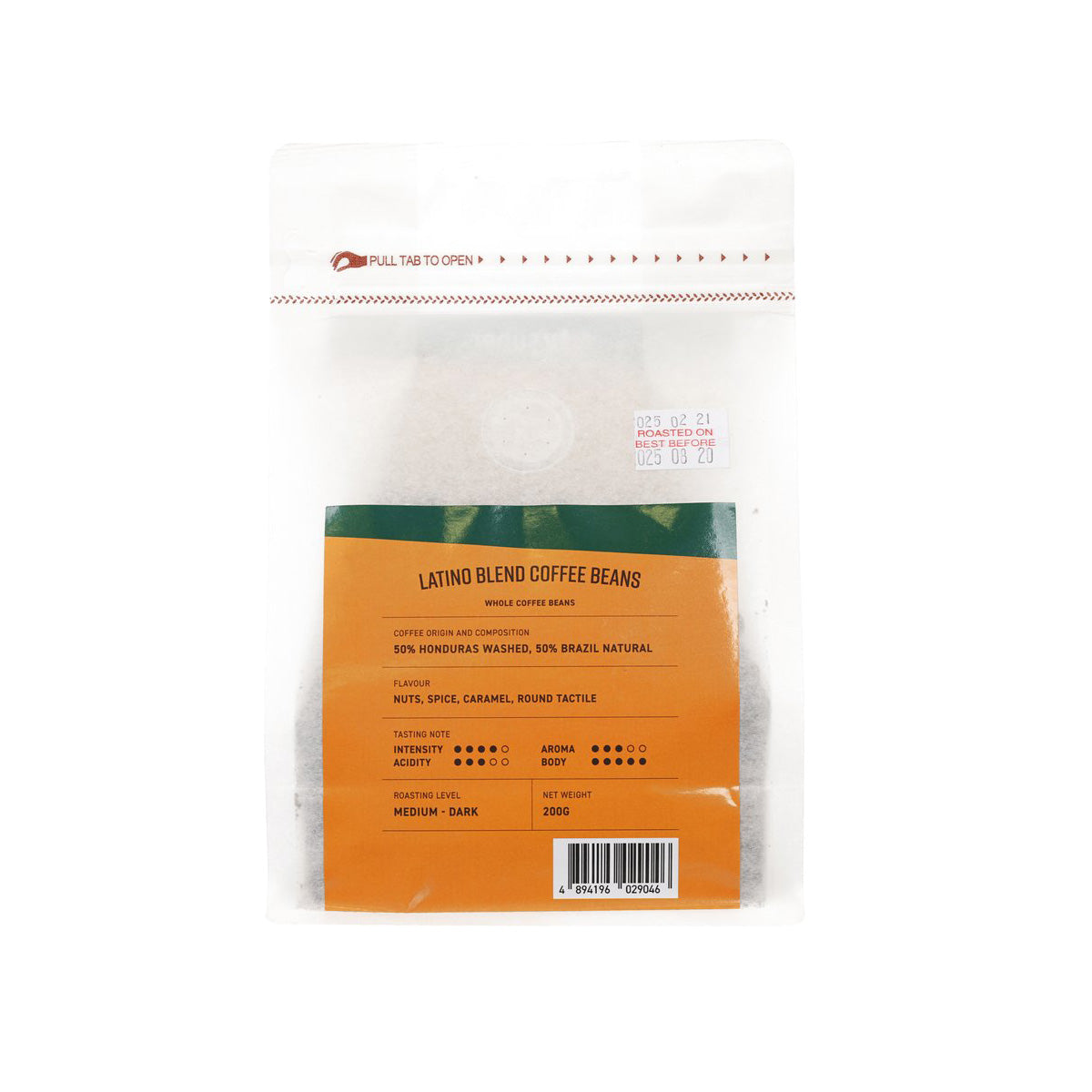 Whole coffee bean bag back panel with product label and orange-green branding strip