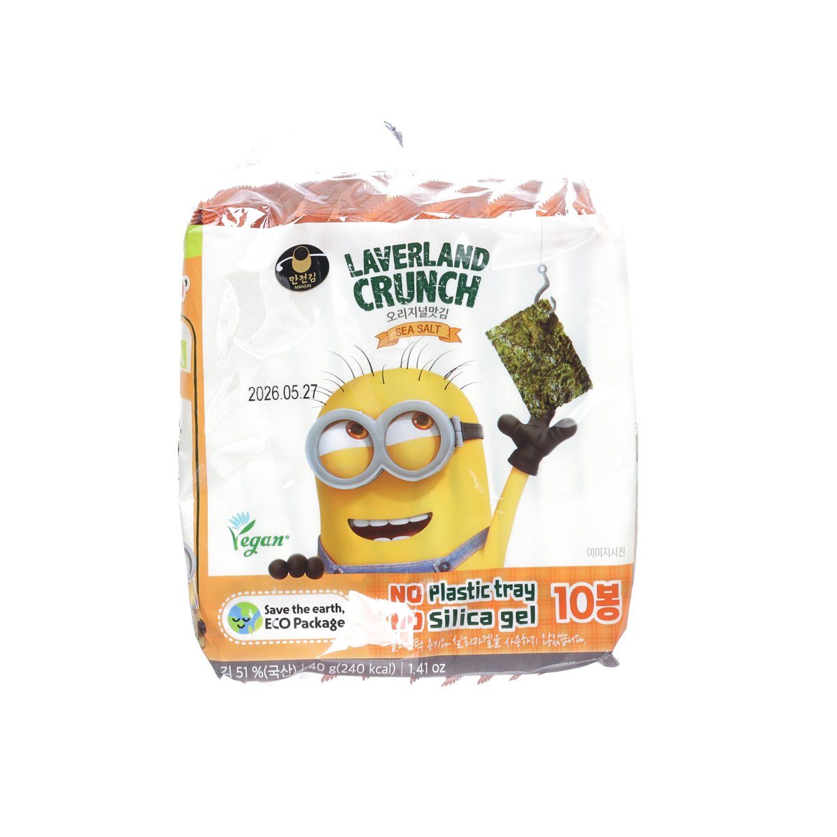 Seaweed snack pouch with sea salt flavor, white bag and Minion graphic