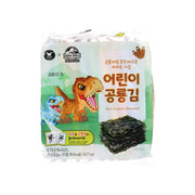 Dino crunch seaweed snack bag with dinosaur graphics and dark seaweed pieces