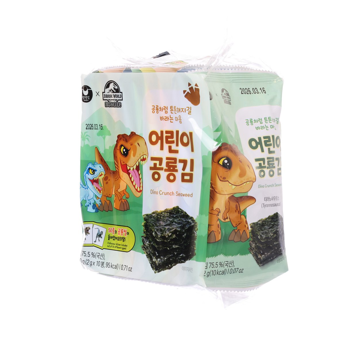 Dino crunch seaweed snack pouch with front artwork and dark seaweed crisps