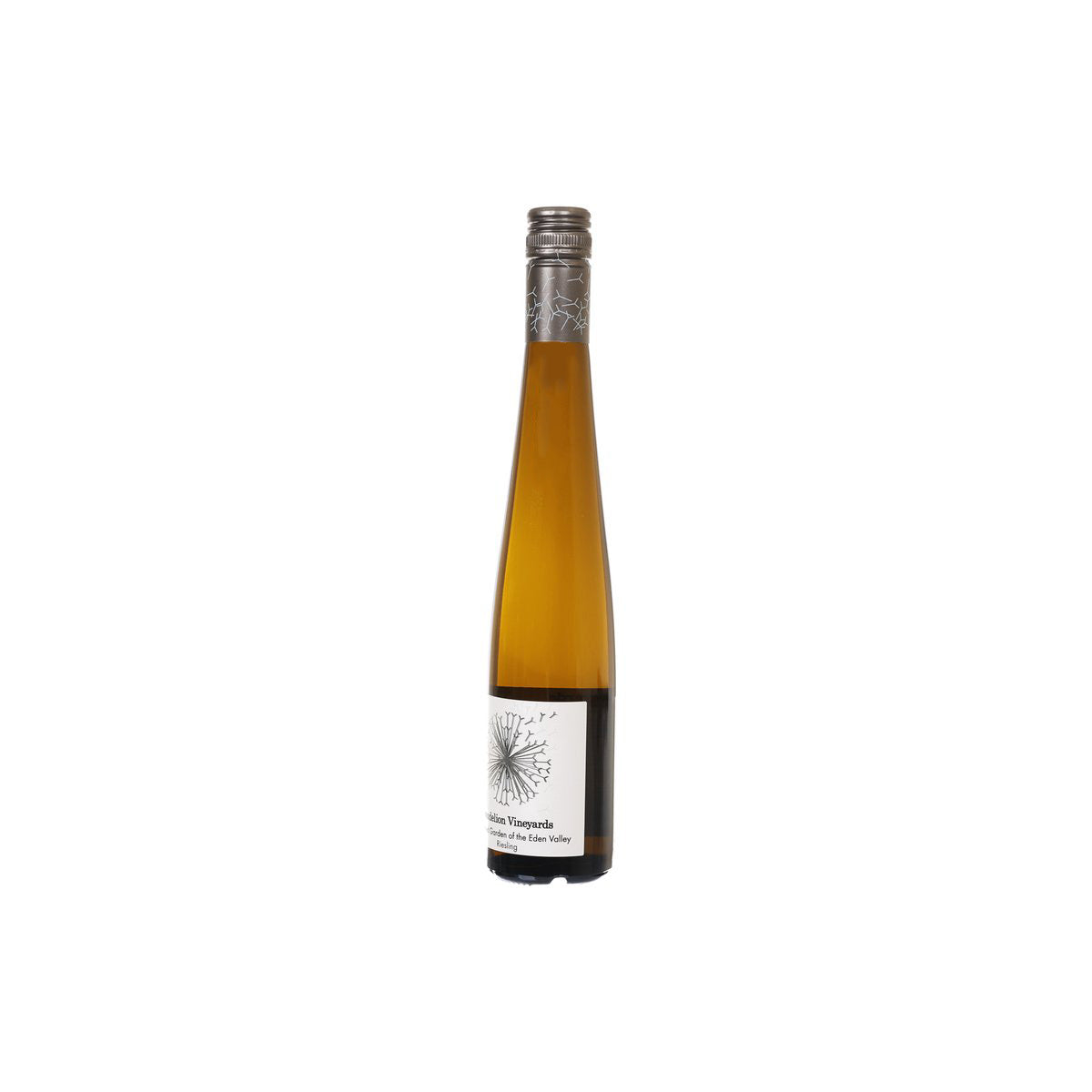 Amber wine bottle with front label, foil neck wrap and screw cap