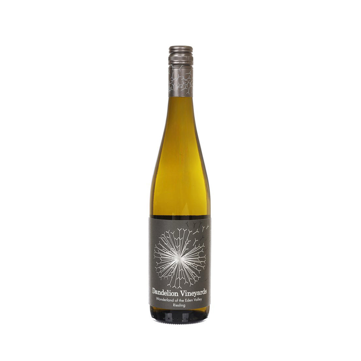 Riesling wine bottle with golden-yellow glass and dark label featuring a dandelion graphic