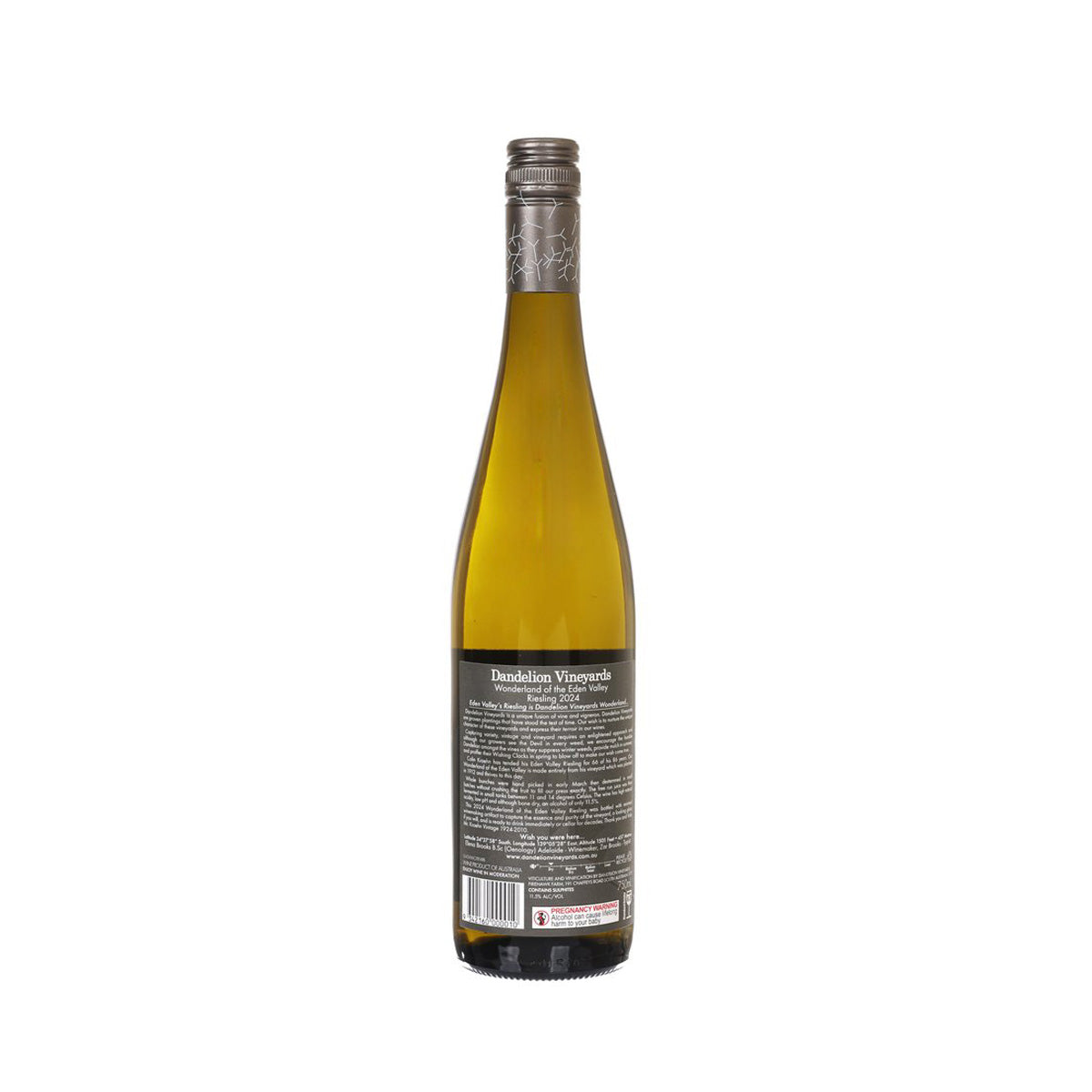 Riesling wine bottle, golden-yellow glass, dark back label with barcode and text
