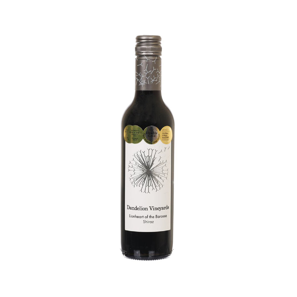 Shiraz wine bottle (375mL) by Dandelion Vineyards, front label with dandelion art
