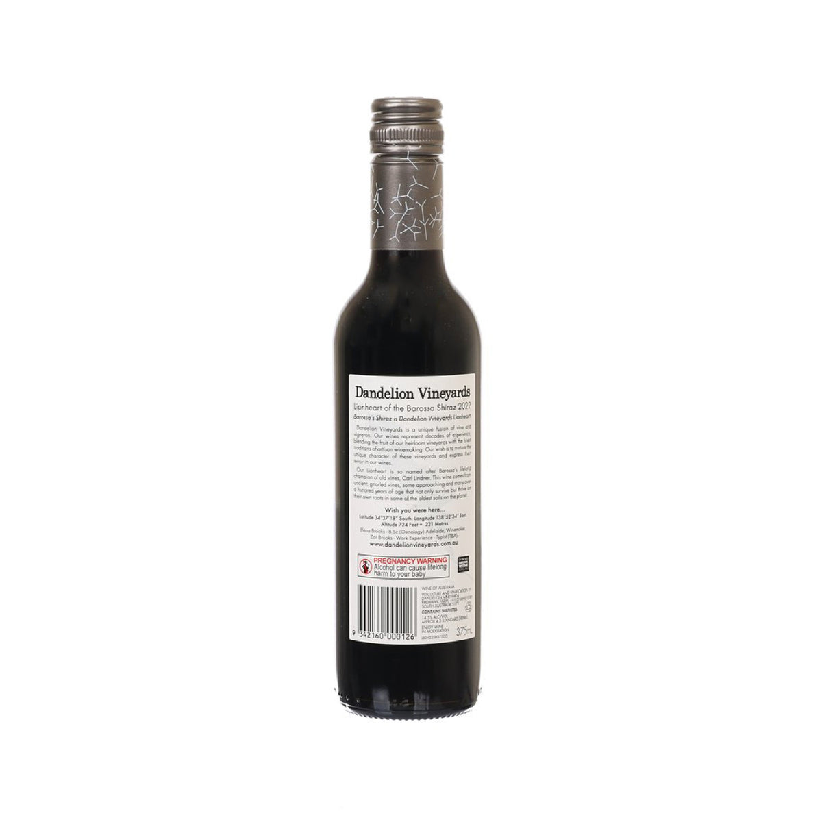 Shiraz wine bottle (375mL) by Dandelion Vineyards, back label with tasting text