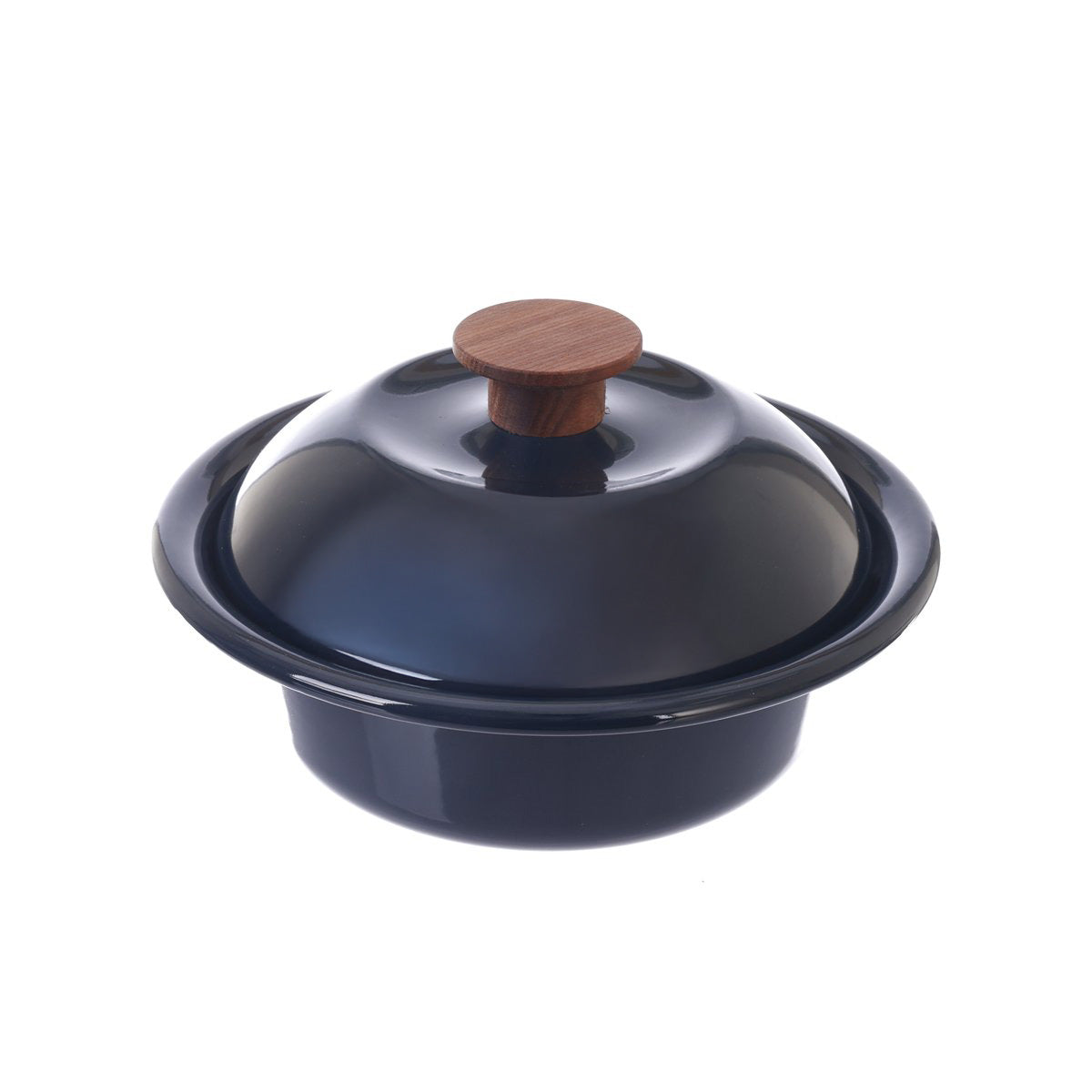 Enamel-coated steel pot with dark lid and wooden knob handle