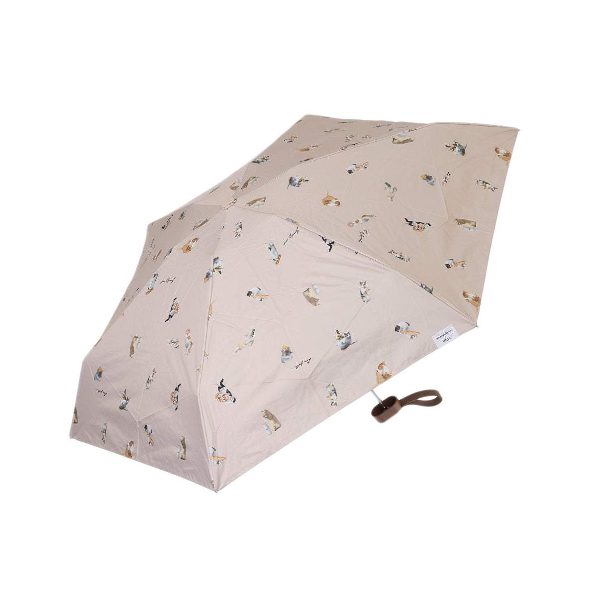 Beige mini folding umbrella with small cat pattern and hook handle
