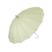 Light green long umbrella with geometric print and curved loop handle