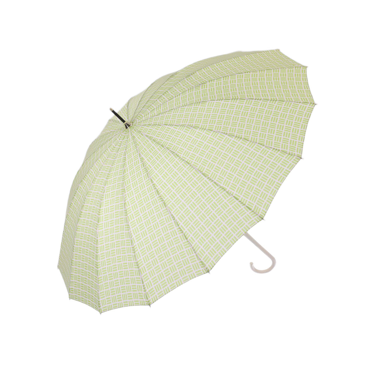Light green long umbrella with geometric print and curved loop handle