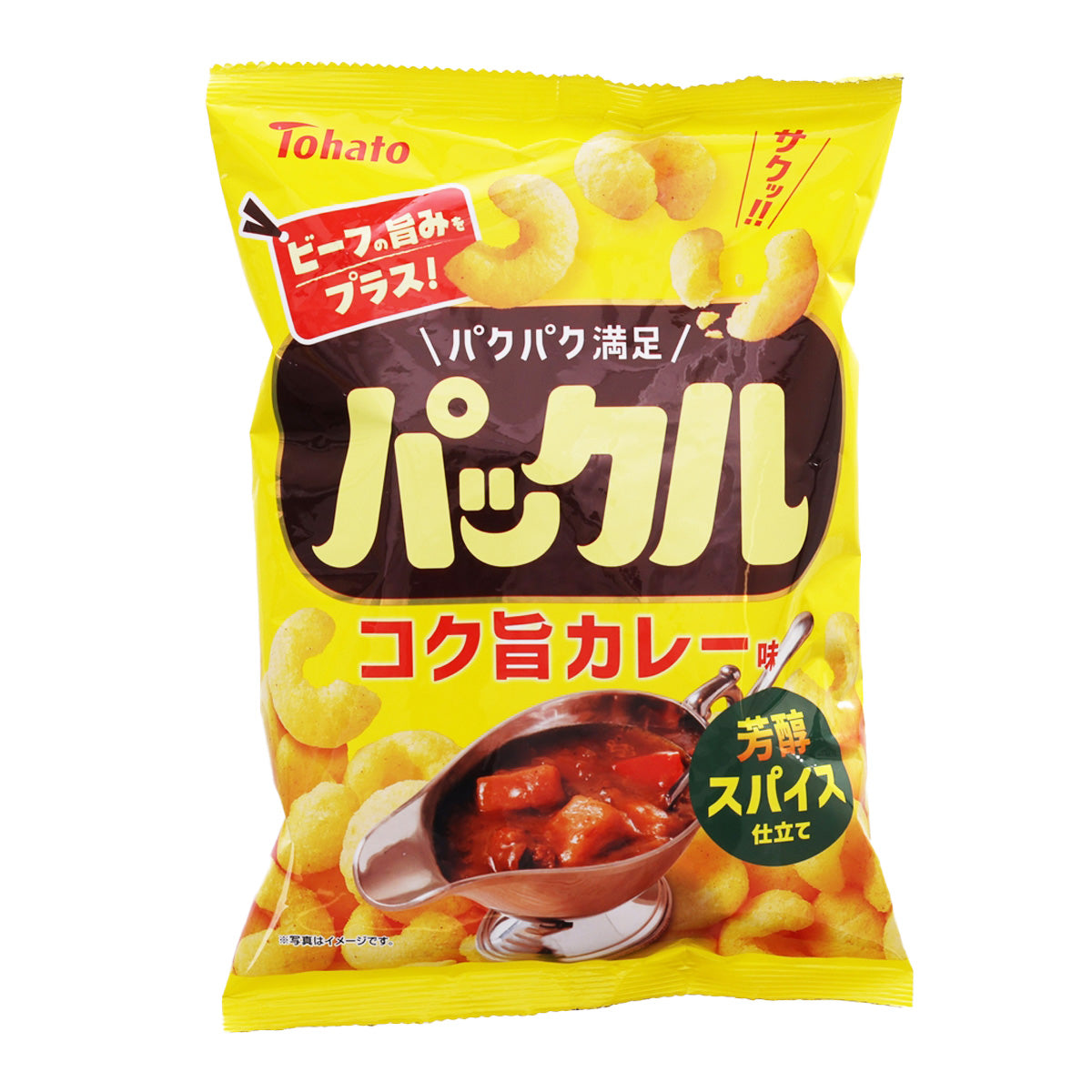 TOHATO corn snack bag, rich curry flavor, yellow front with corn kernels