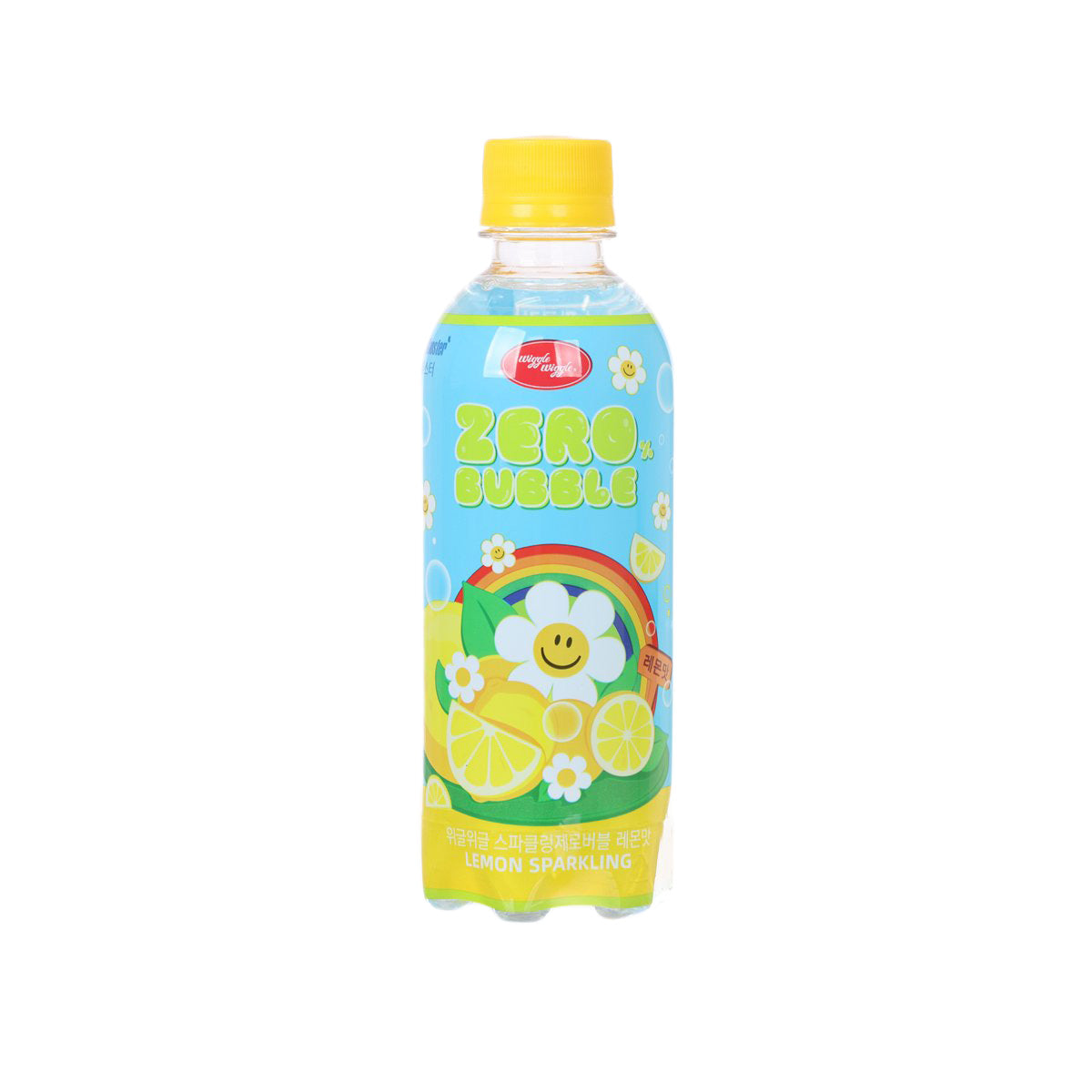 Lemon sparkling soda bottle with yellow cap and colorful front label