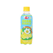 Lemon sparkling soda bottle with yellow cap and colorful front label