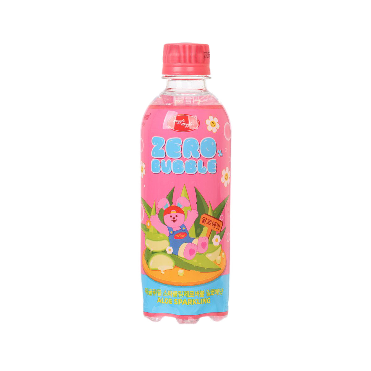 Pink sparkling soda drink bottle with red cap, front label graphics, 355 mL