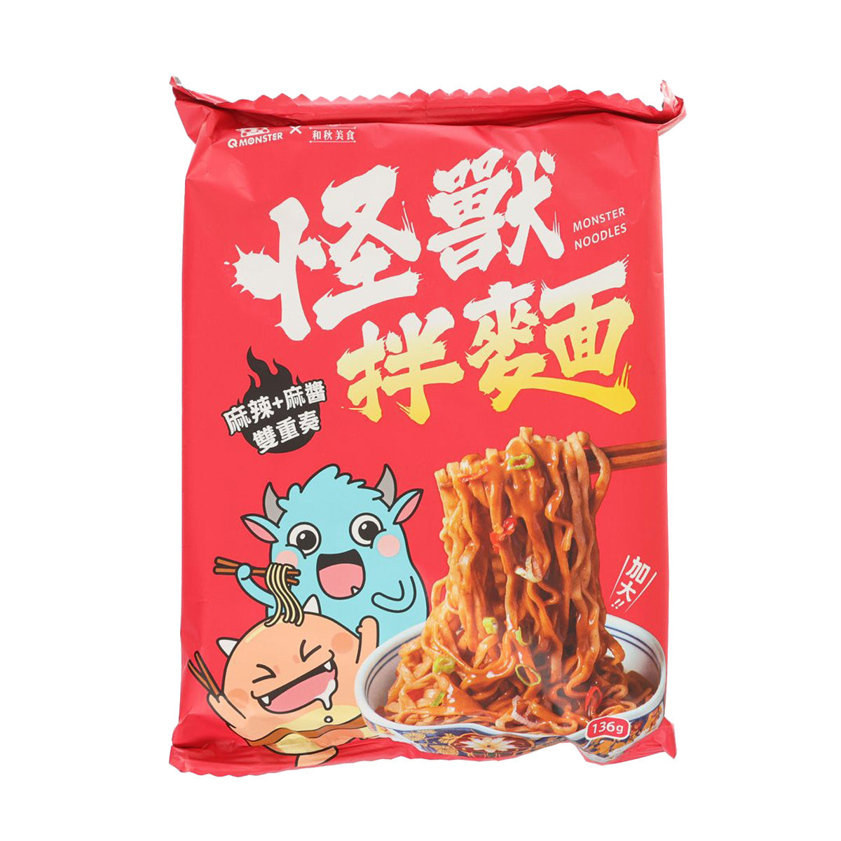 Red Monster Noodles pouch with spicy sesame noodles and sauce illustration