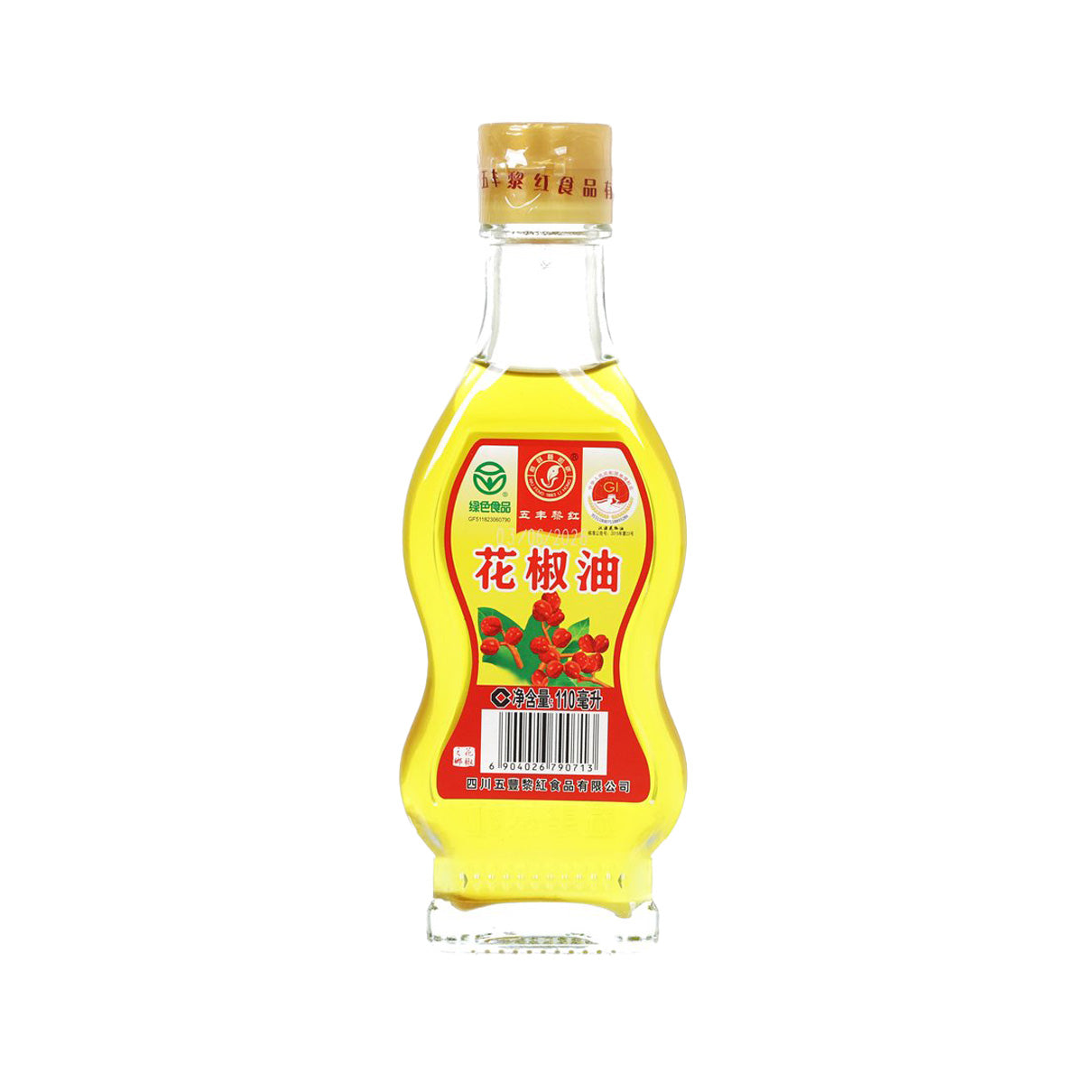 Sichuan pepper oil bottle, 110 mL glass with gold cap and red-yellow label