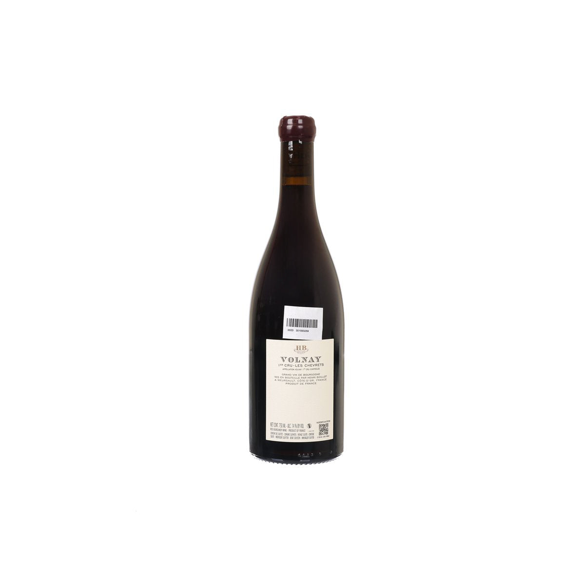 Volnay red wine bottle with back label, barcode, and 2023 vintage