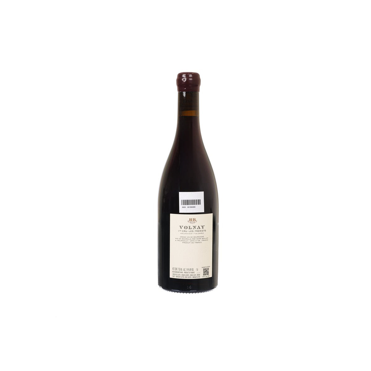 Wine bottle, back label with barcode and Volnay 1er Cru Fremiets 2023