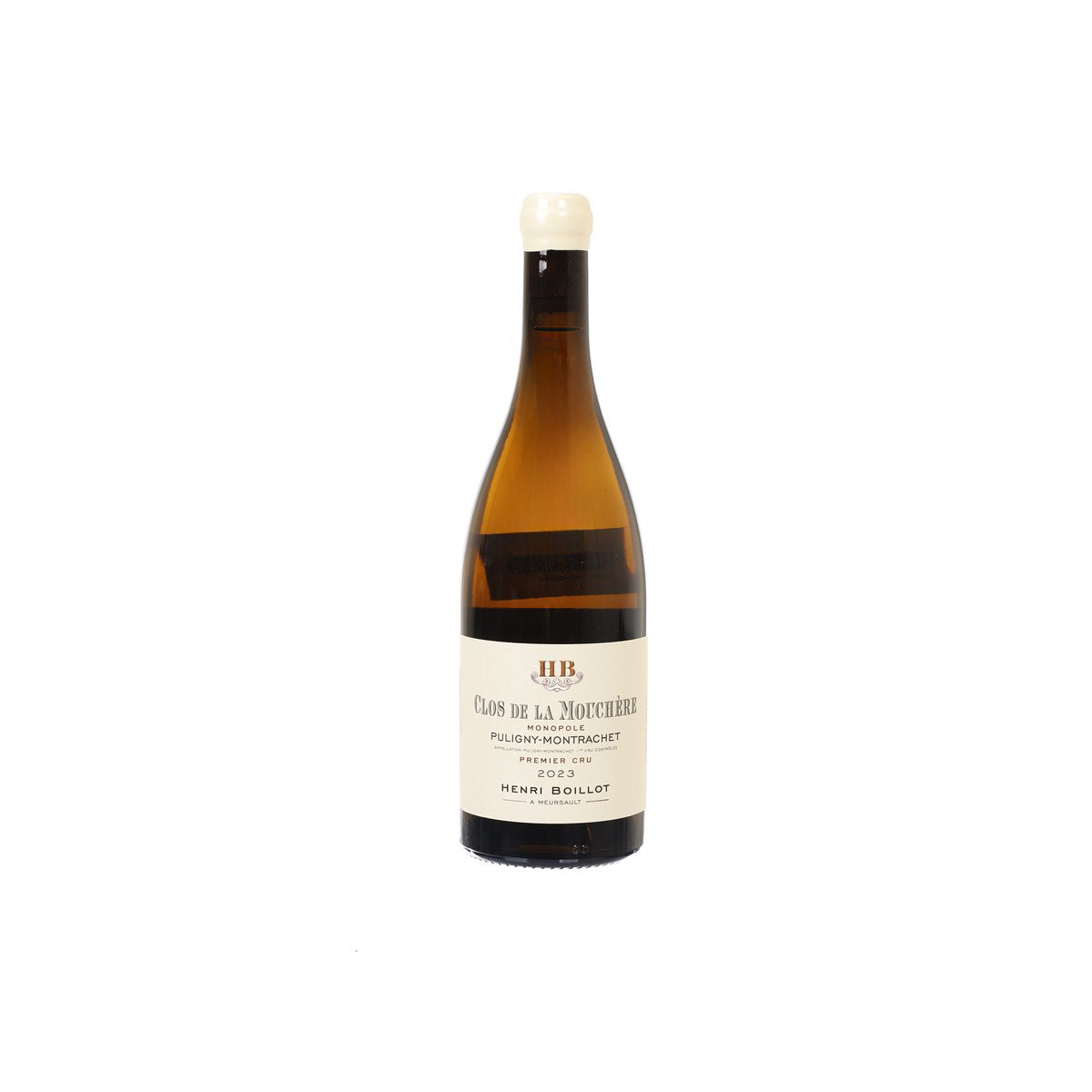 Wine bottle with amber glass, cream cap, and front label reading Clos de La Mouchere