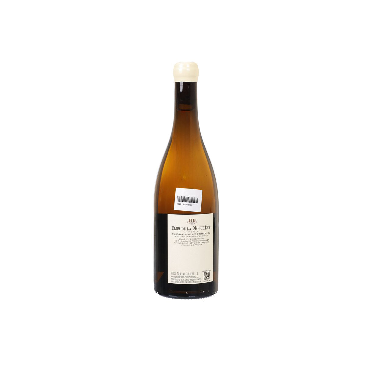 Wine bottle with amber glass, cream cap, and back label with barcode and text