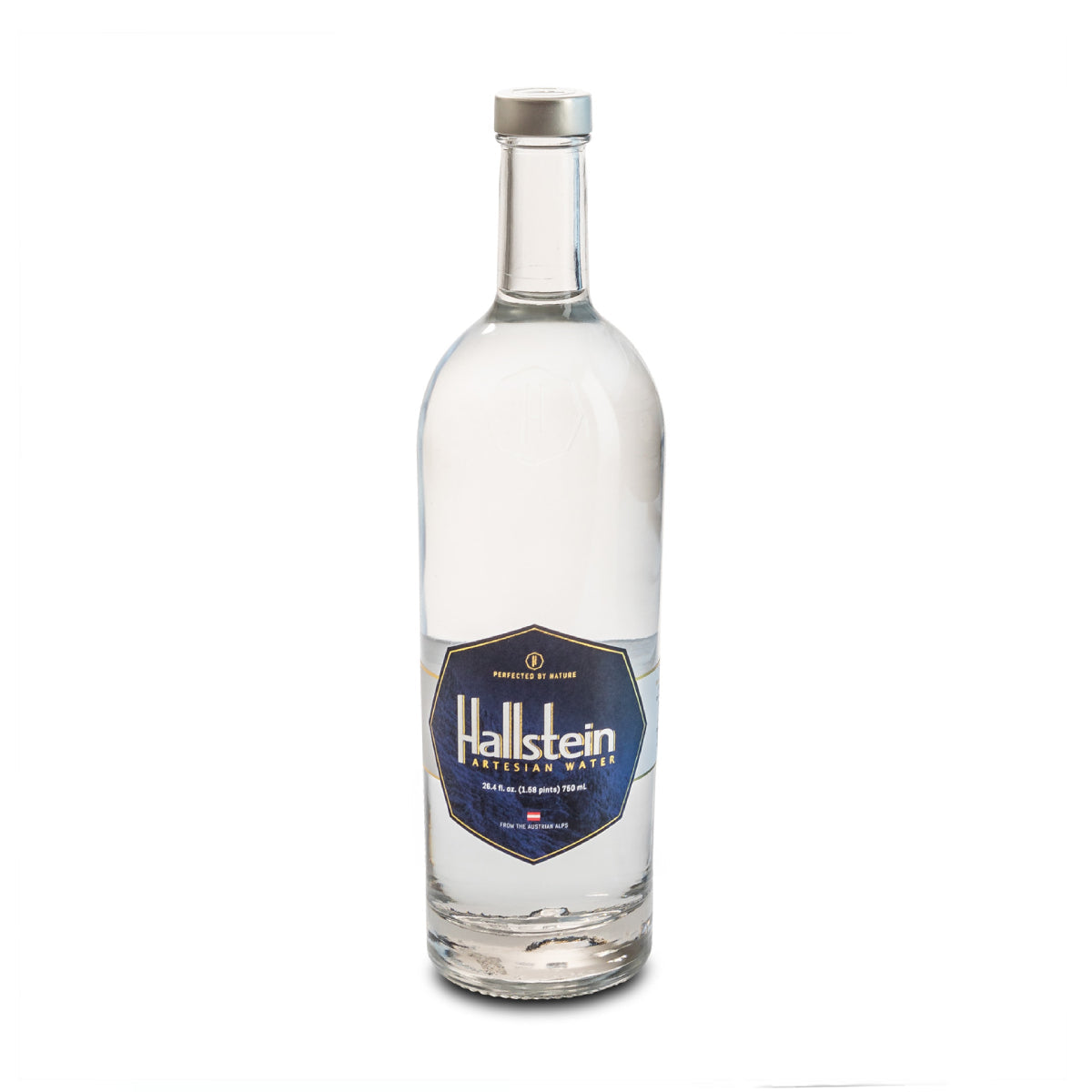 750 mL artesian water bottle with silver cap and blue label
