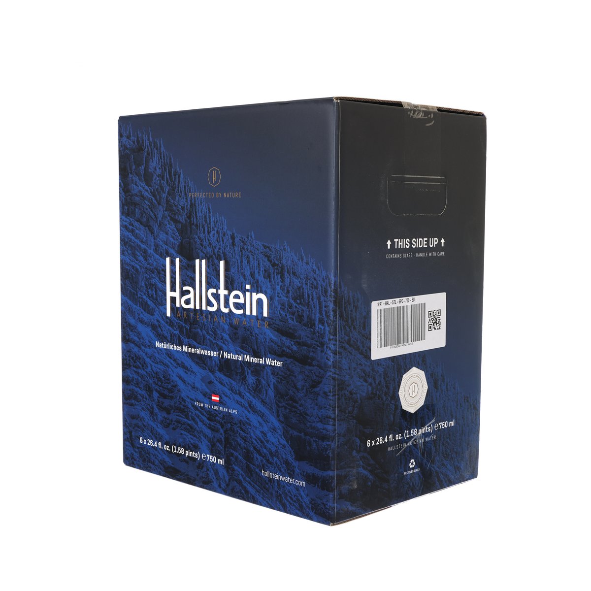 HALLSTEIN water case side panel with barcode and "this side up" mark